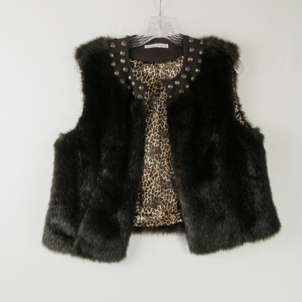 Peter Nygard Brown Faux Fur Vest Size Large Studded Neckline Mob Wife